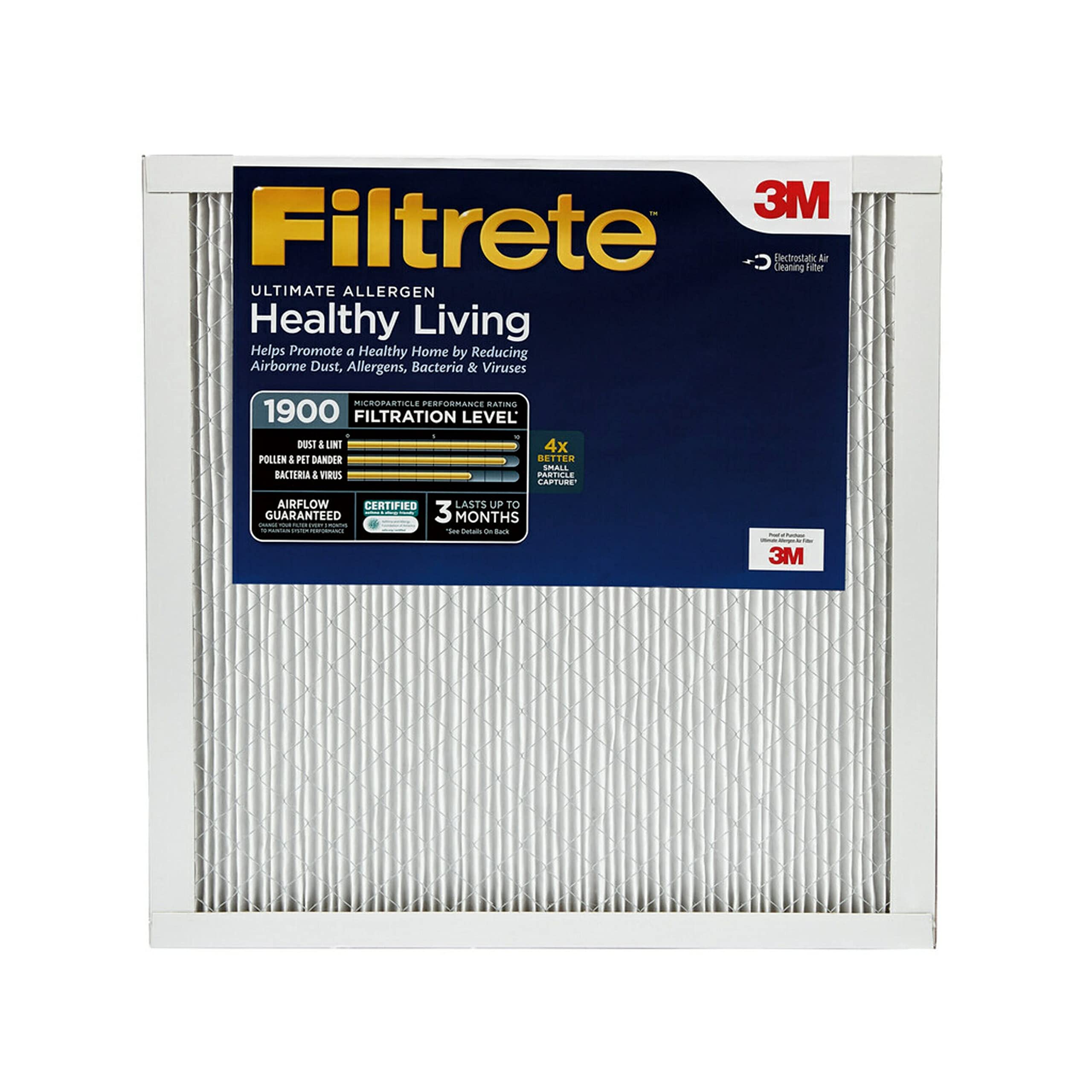 Filtrete 23.5x23.5x1 空气过滤器，MPR 1900，MERV 13，健康生活终极过敏原 3 个月褶式 1 英寸空气过滤器，6 个过滤器