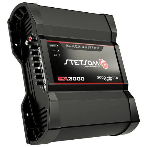 Stetsom EX 3000 黑色版 1 欧姆单声道汽车放大器、3000.1 3K 瓦 RMS、1 个稳定的汽车音响、全频高清音质、分频和低音增强、汽车立体声扬声器 MD、智能冷却器