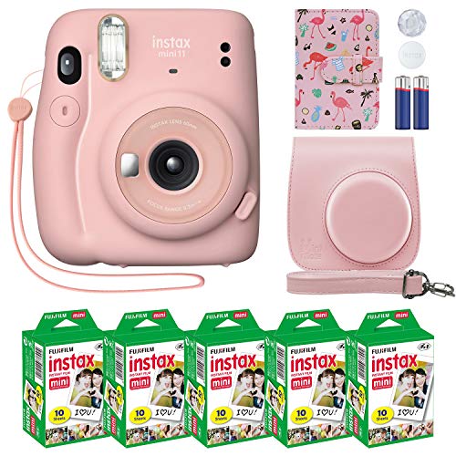 Fujifilm Instax Mini 11 即时相机腮红粉色 + 定制保护套 + 富士 Instax 胶片超值套装（50 张）Flamingo 设计师写真集适用于富士 instax Mini 11 照片