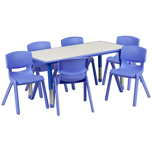 Flash Furniture 23.625英寸（宽）x 47.25英寸（长）的矩形蓝色塑料高度可调活动桌，带6把椅子