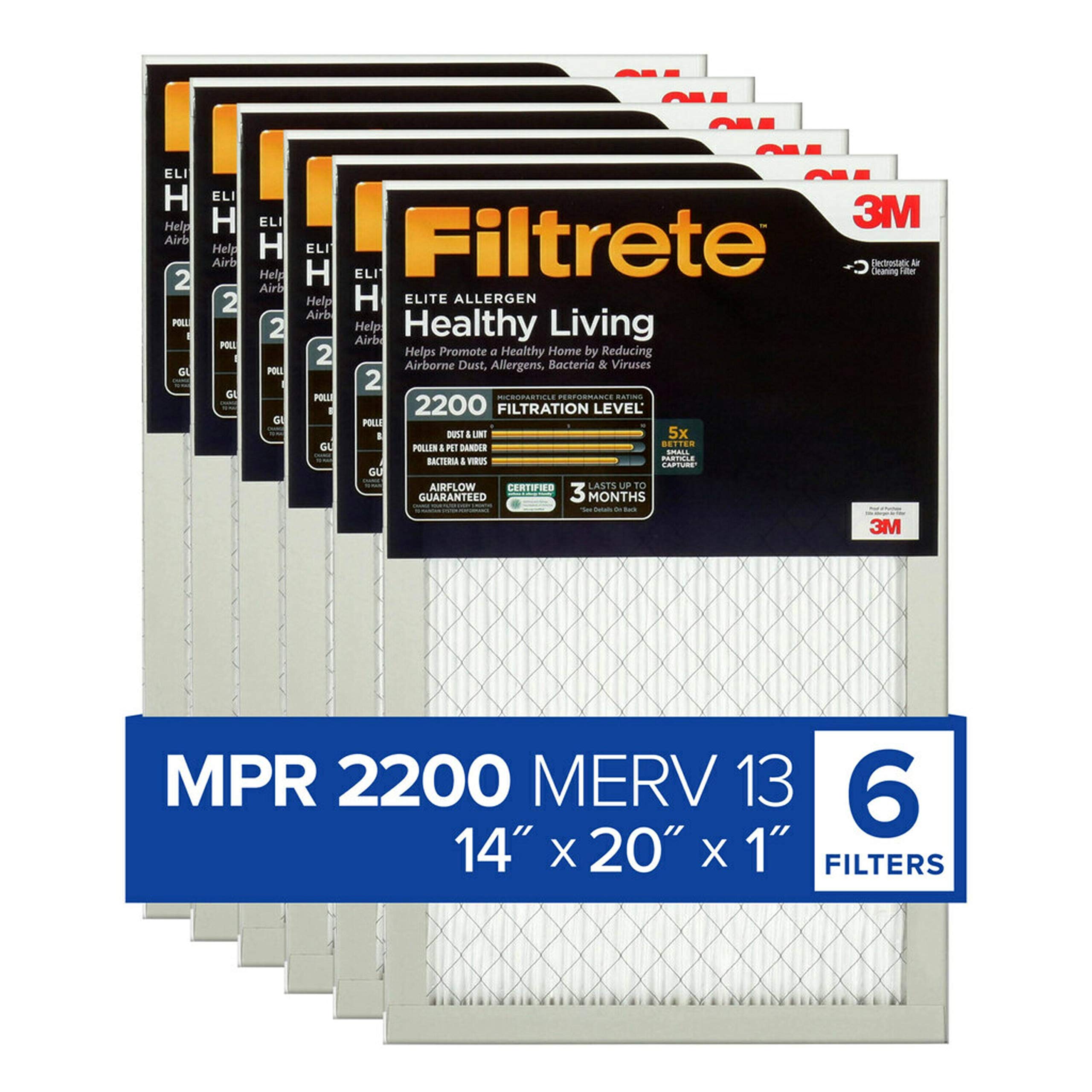 Filtrete 14x20x1 空气过滤器，MPR 2200，MERV 13，健康生活 Elite Allergen 3 个月褶式 1 英寸空气过滤器，6 个过滤器