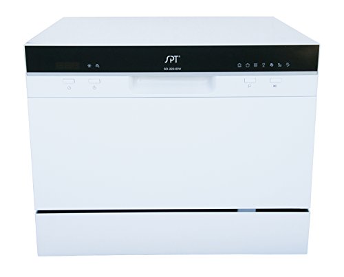 Sunpentown SPT SD-2224DW 能源之星紧凑型台面洗碗机，带延迟启动 - 便携式洗碗机，不锈钢内部和 6 个置物架银器篮，适用于公寓办公室和家庭厨房，白色