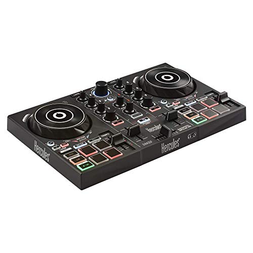 Hercules DJ DJControl Inpulse 200 - 带 USB 的 DJ 控制器，非常适合初学者学习混音 - 2 个轨道，带 8 个打击垫和声卡 - 包含软件和教程
