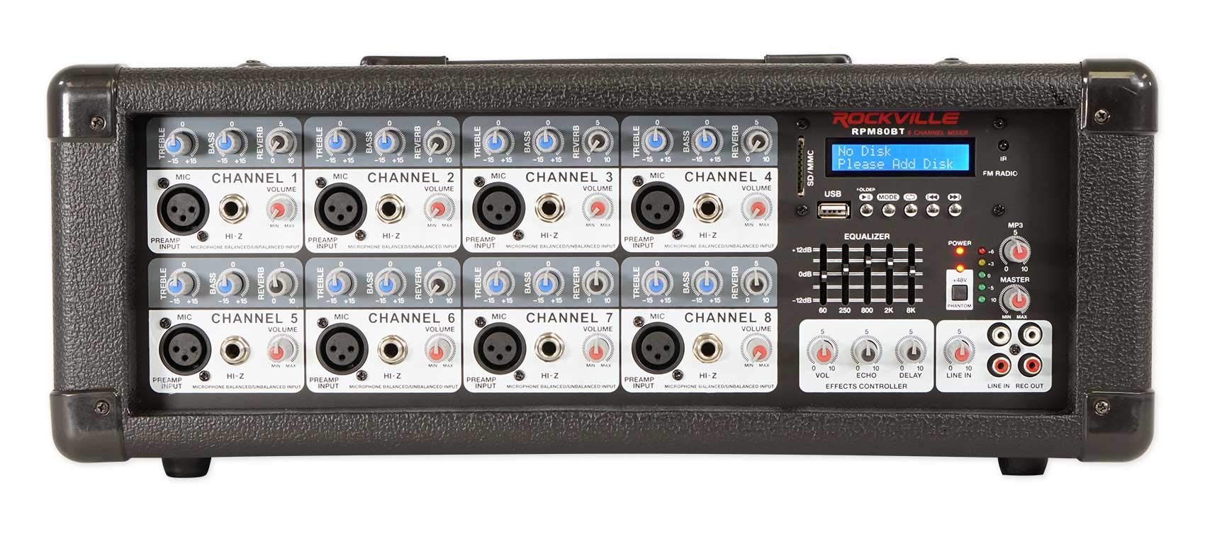 Rockville RPM80BT 2400w 有源 8 通道混音器/放大器，带蓝牙/均衡器/效果器