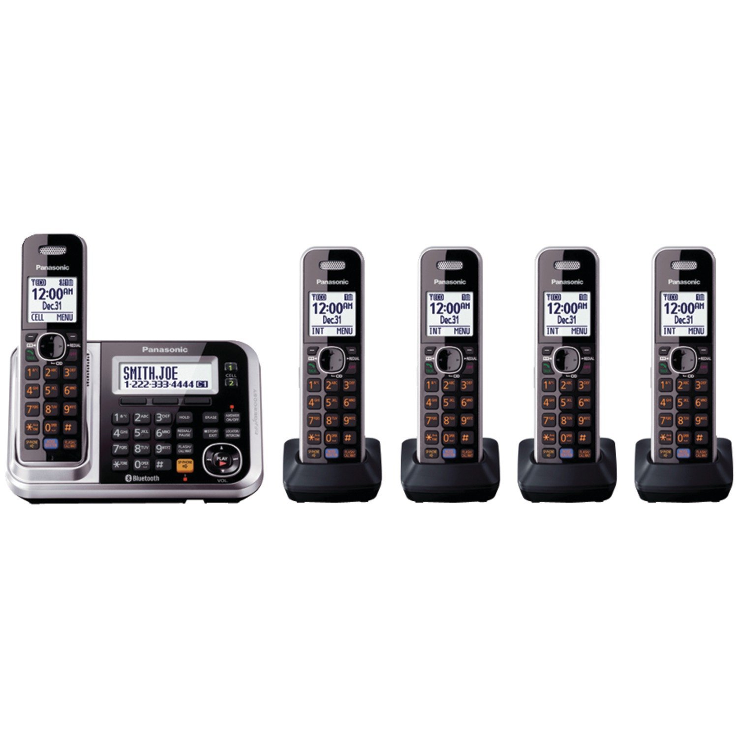 Panasonic Link2Cell KX-TG7875S DECT 6.0 1线蓝牙无绳电话，具有增强的降噪和数字答录机-5手机，黑色/银色