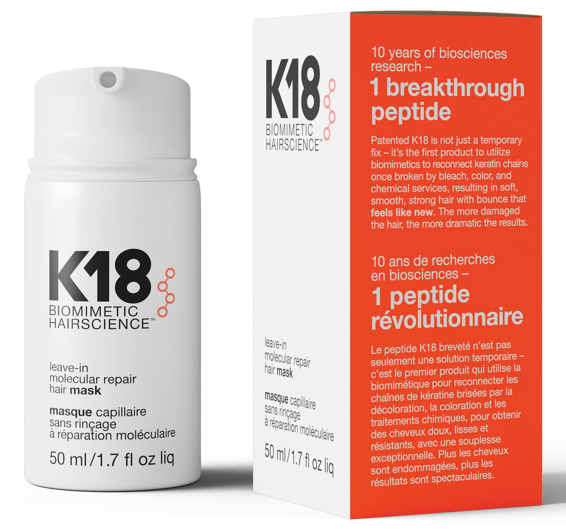 K18 免洗修复发膜护理可修复干燥或受损的头发 - 4 分钟即可逆转漂白剂、染发剂、化学服务和热造成的头发损伤，50 毫升