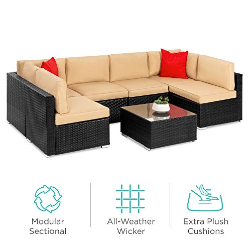 Best Choice Products 7件式模块化户外组合型柳条露台家具，带盖，座椅夹，6张椅子，咖啡桌-黑色
