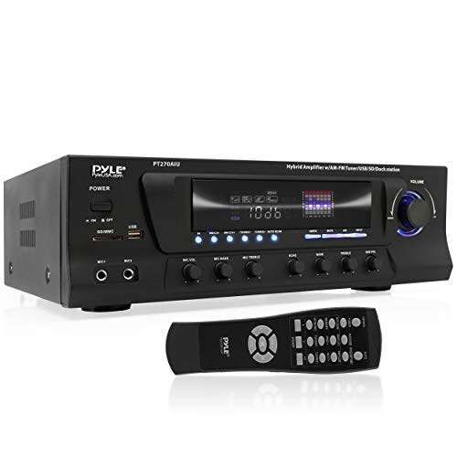  Pyle 300W 数字立体声接收器系统 - AM/FM Qtz。合成调谐器、USB/SD 卡 MP3 播放器和低音炮控制、A/B 扬声器、带卡拉 OK 的 iPod/MP3 输入、电缆和远程传感器 -...