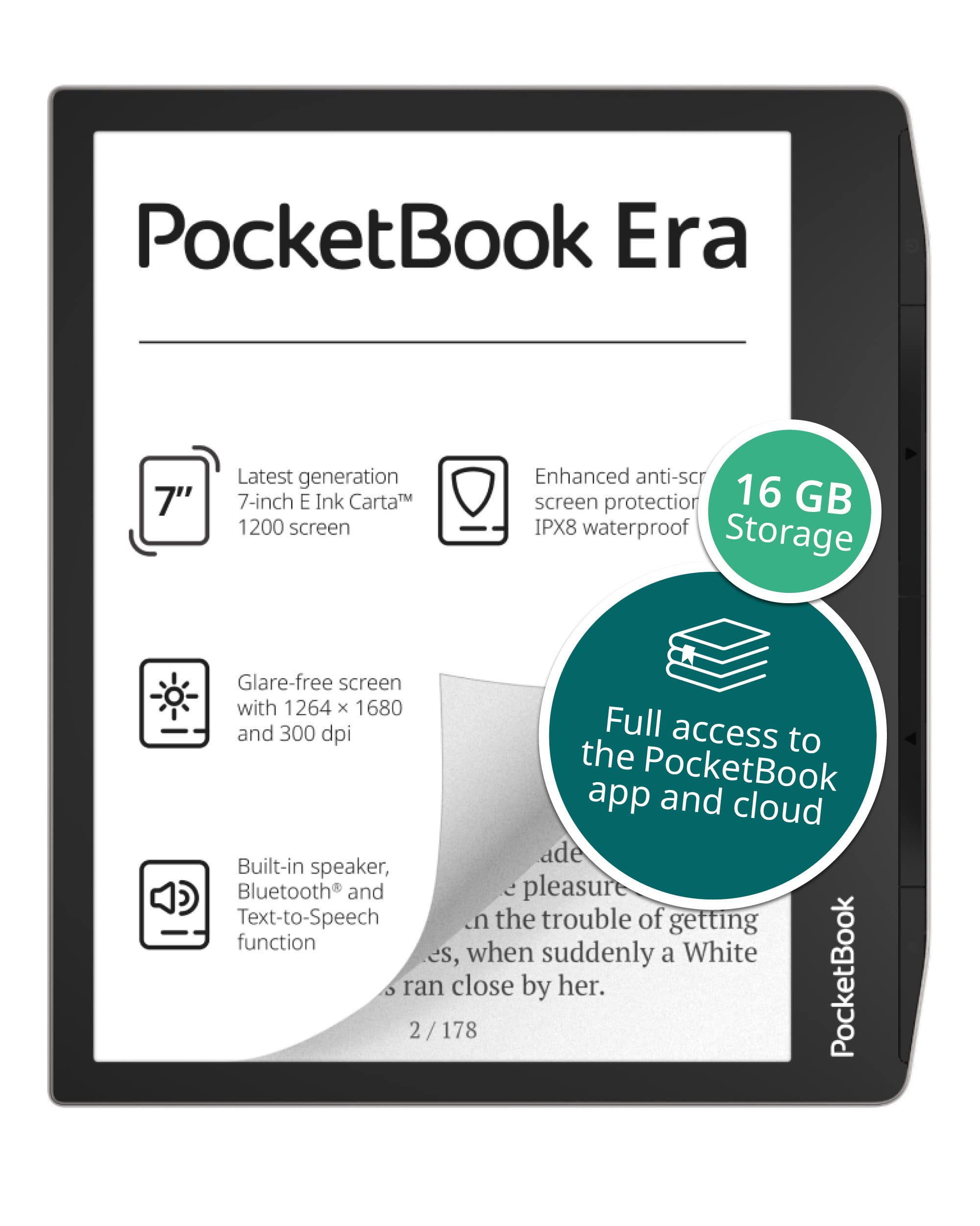 PocketBook Era 电子阅读器，星尘银，16GB | 7 采用电子墨水技术的防眩光、护眼触摸屏 |防水|文本转语音、音频和电子书阅读器 |智能灯和内置扬声器