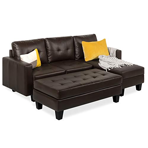 Best Choice Products 3 座 L 形簇绒人造皮革组合沙发套装，带躺椅、奥斯曼长凳 - 棕色