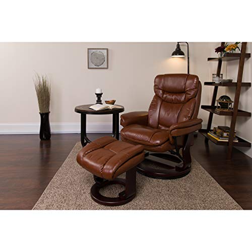 Flash Furniture 棕色复古皮革制成的当代多位置躺椅和可弯曲桃花心木底座的弯曲脚凳...