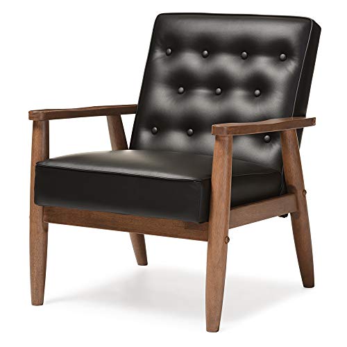Baxton Studio 索伦托世纪中叶复古现代人造皮革软包木制休闲椅，黑色...