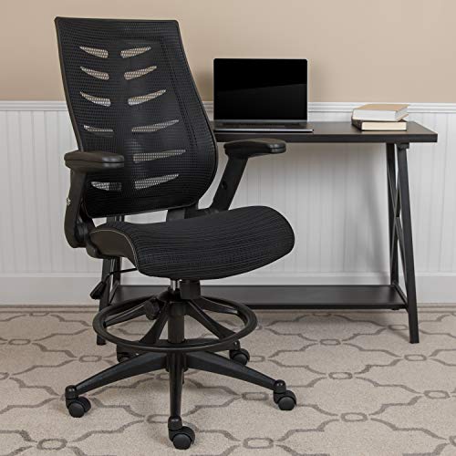Flash Furniture 高背黑色网状脊柱靠背人体工学绘图椅，带可调节脚环和可调节翻转臂，BL-ZP-809D-BK-GG