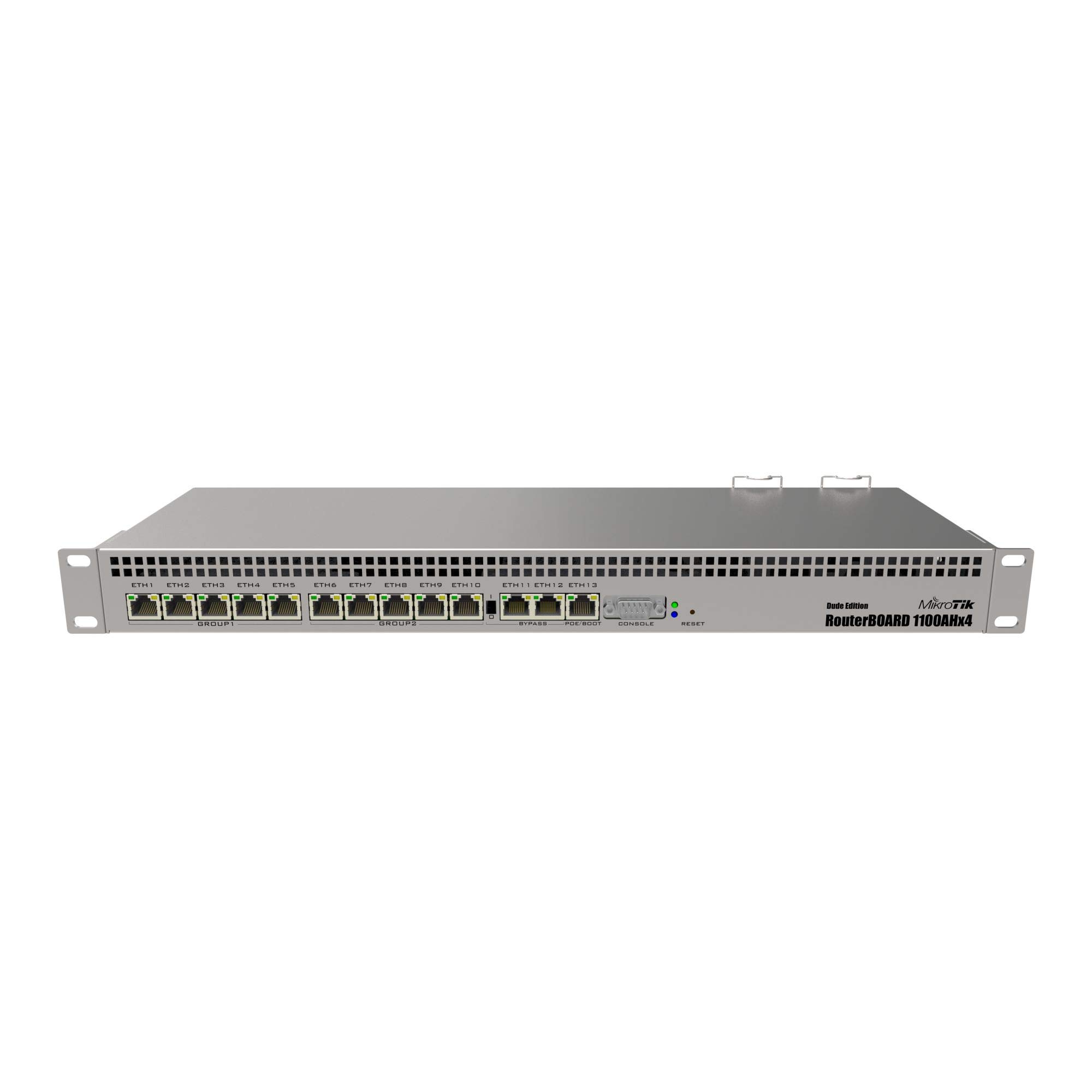 MikroTik RouterBOARD 1100AHx4 Dude 版，带 13 个千兆位以太网端口、RS232 串行端口和双冗余电源 (RB1100AHx4)