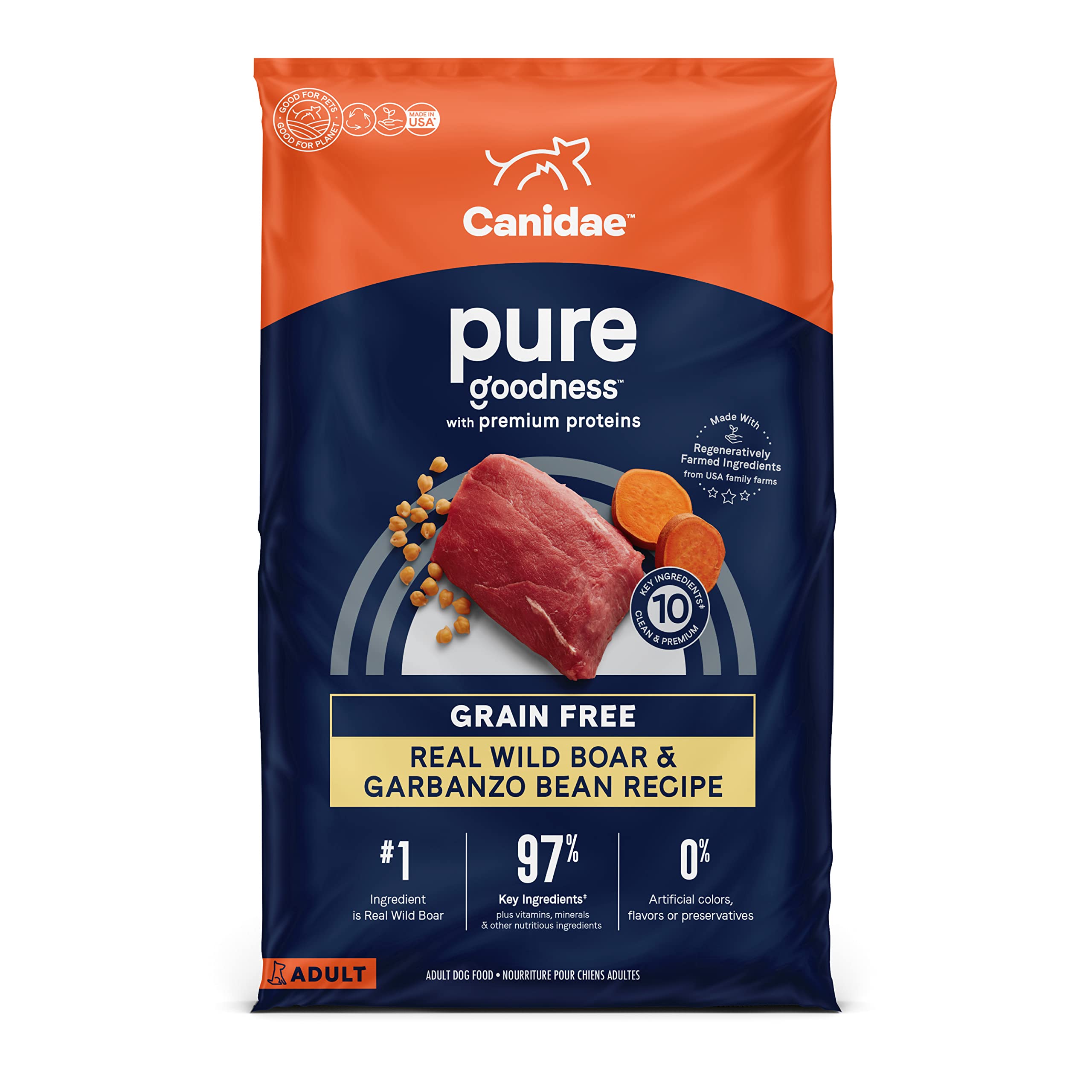 Canidae Pure 有限成分优质成人干狗粮，真正野猪和鹰嘴豆配方，22 磅，无谷物