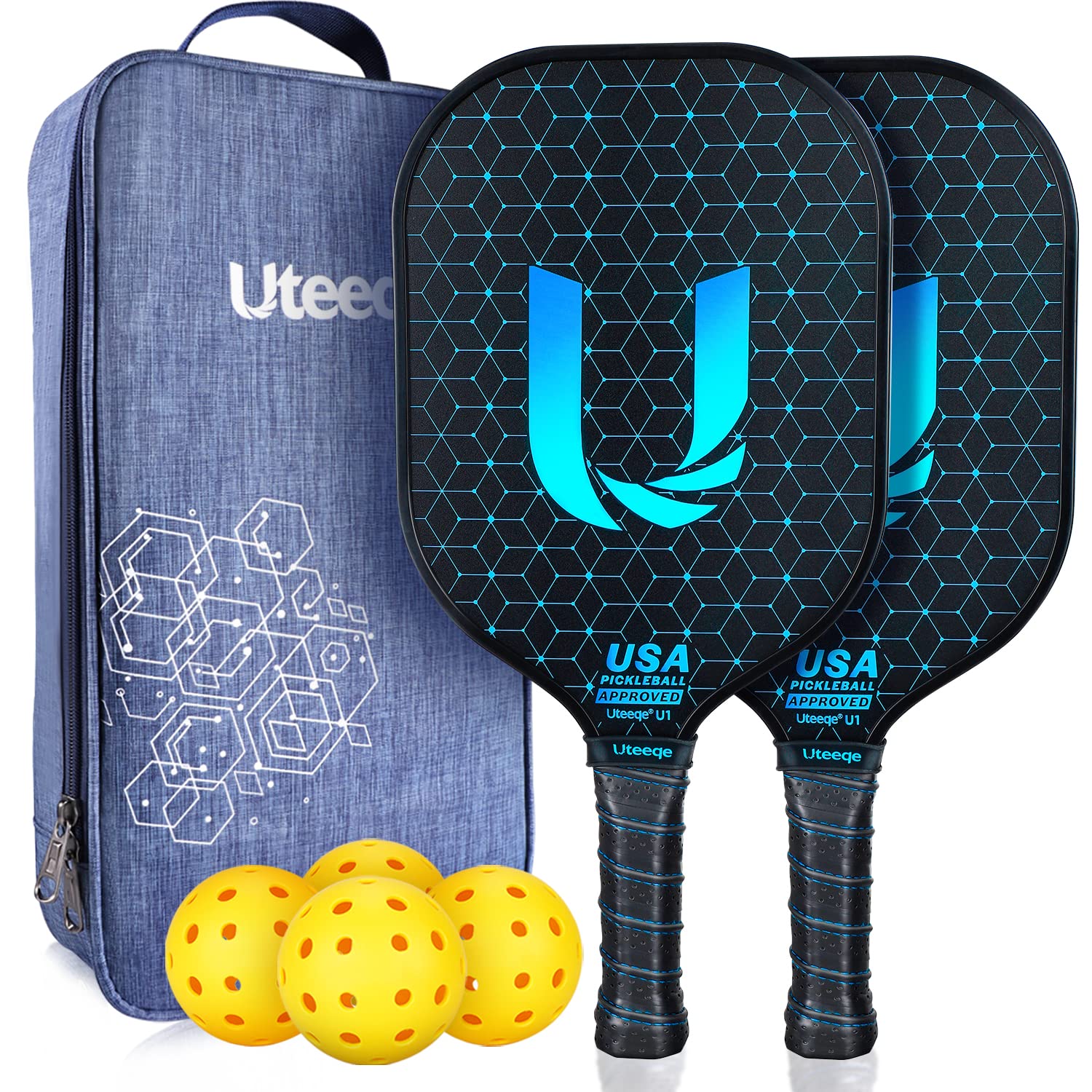 Uteeqe Pickleball 桨 2 件套 - 石墨表面，高砂砾和旋转，USAPA 批准 Pickleball 套装 Pickle Ball Raquette 轻质聚合物蜂窝防滑握把，带 4 个户外球和袋子