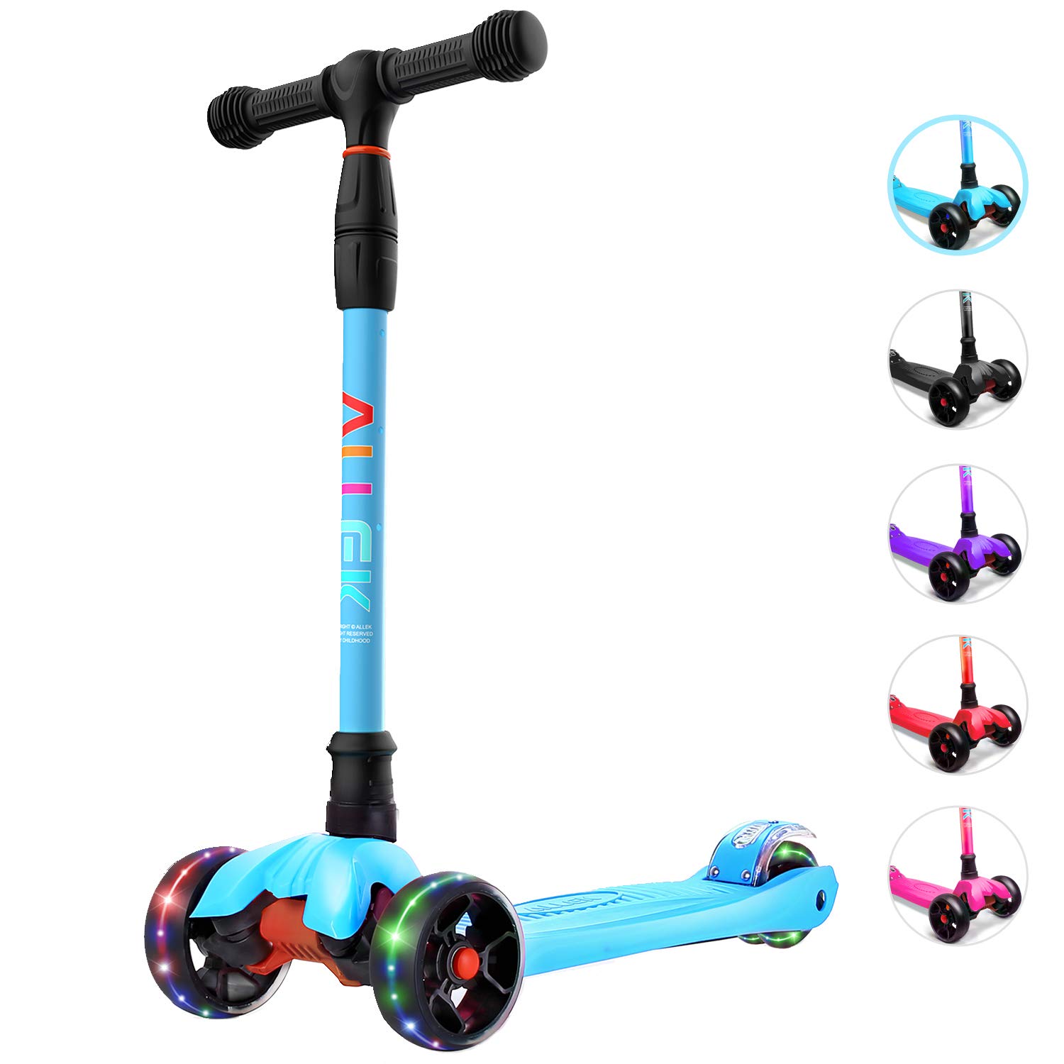 Allek Kick Scooter B02，Lean 'N Glide 滑板车，配有超宽 PU 发光轮和 4 个可调高度，适合 3-12 岁儿童