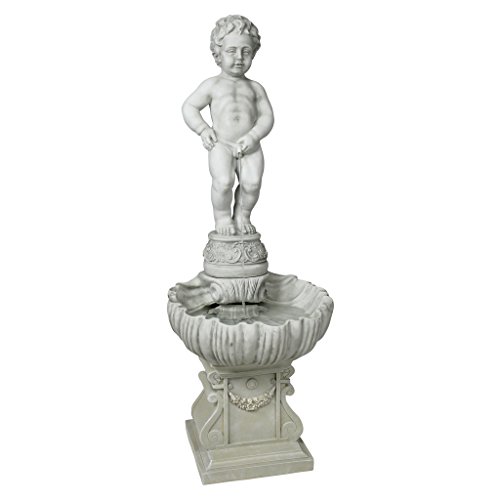 Design Toscano NG33505 完整撒尿男孩喷泉花园装饰，带底座户外水景，45 英寸，树脂，仿古石