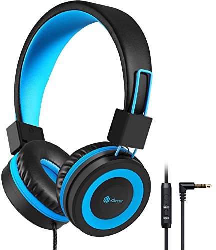 iClever HS14 儿童耳机，儿童耳机，音量限制为 94dB，适用于男孩女孩，可调节头带，可折叠，儿童耳挂式耳机，适合学习平板电脑飞机学校，黑色，蓝色