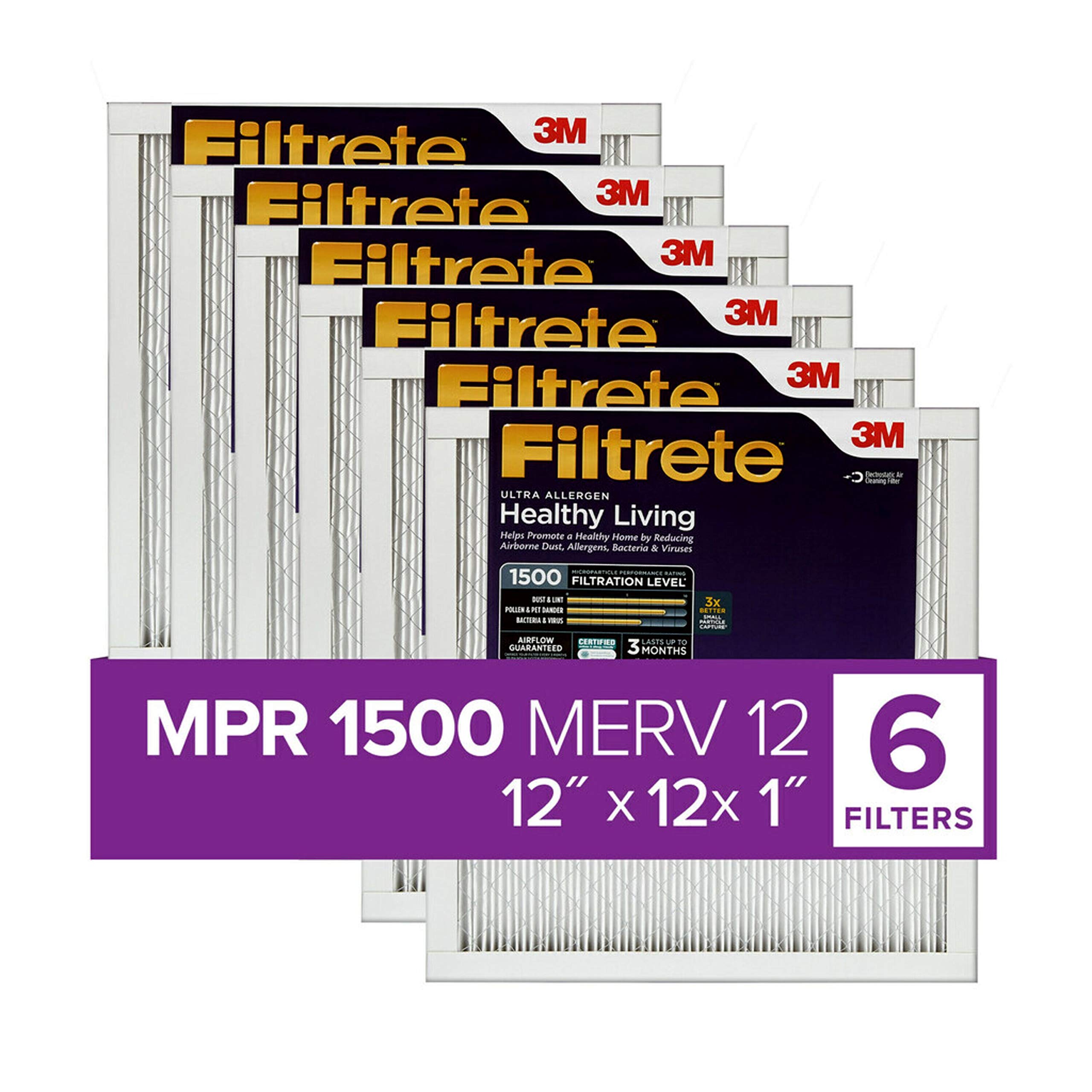 Filtrete 12x12x1 空气过滤器，MPR 1500，MERV 12，健康生活超过敏原 3 个月褶式 1 英寸空气过滤器，6 个过滤器