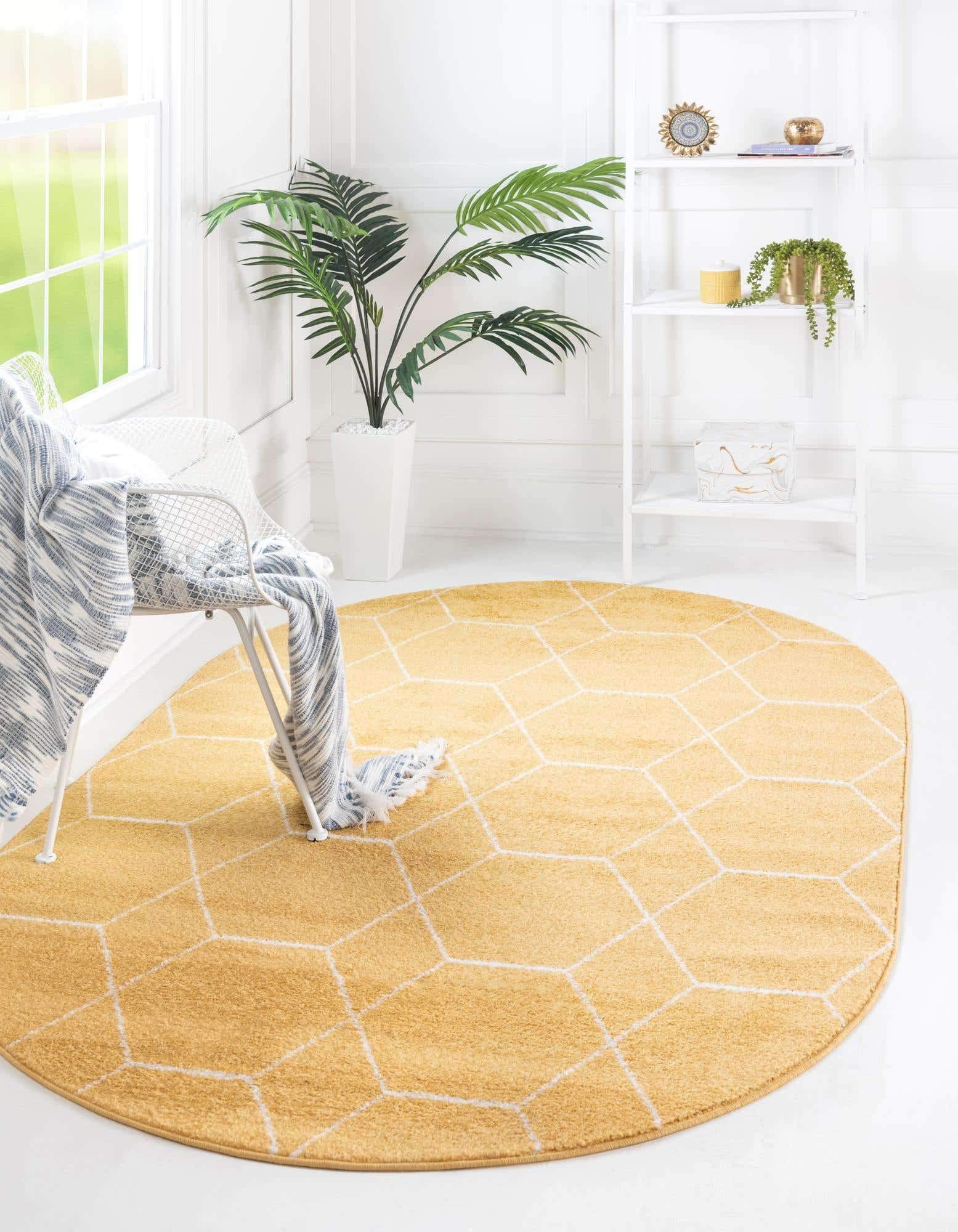 Unique Loom Trellis Frieze 系列小地毯 - 几何（5' x 8' 椭圆形，黄色/象牙色）