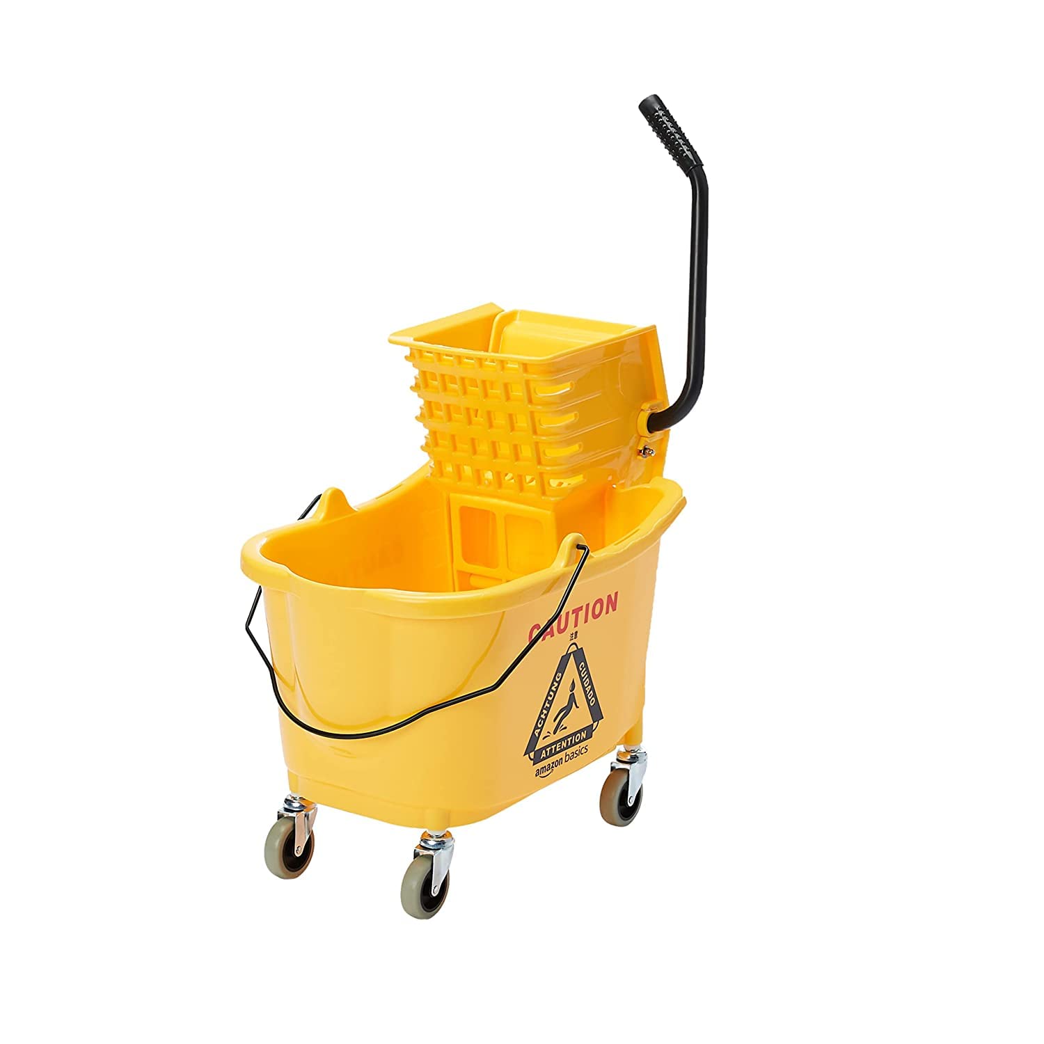 Amazon Basics Basics 侧压拧干器组合商用长方形带轮拖把桶，35 夸脱，黄色