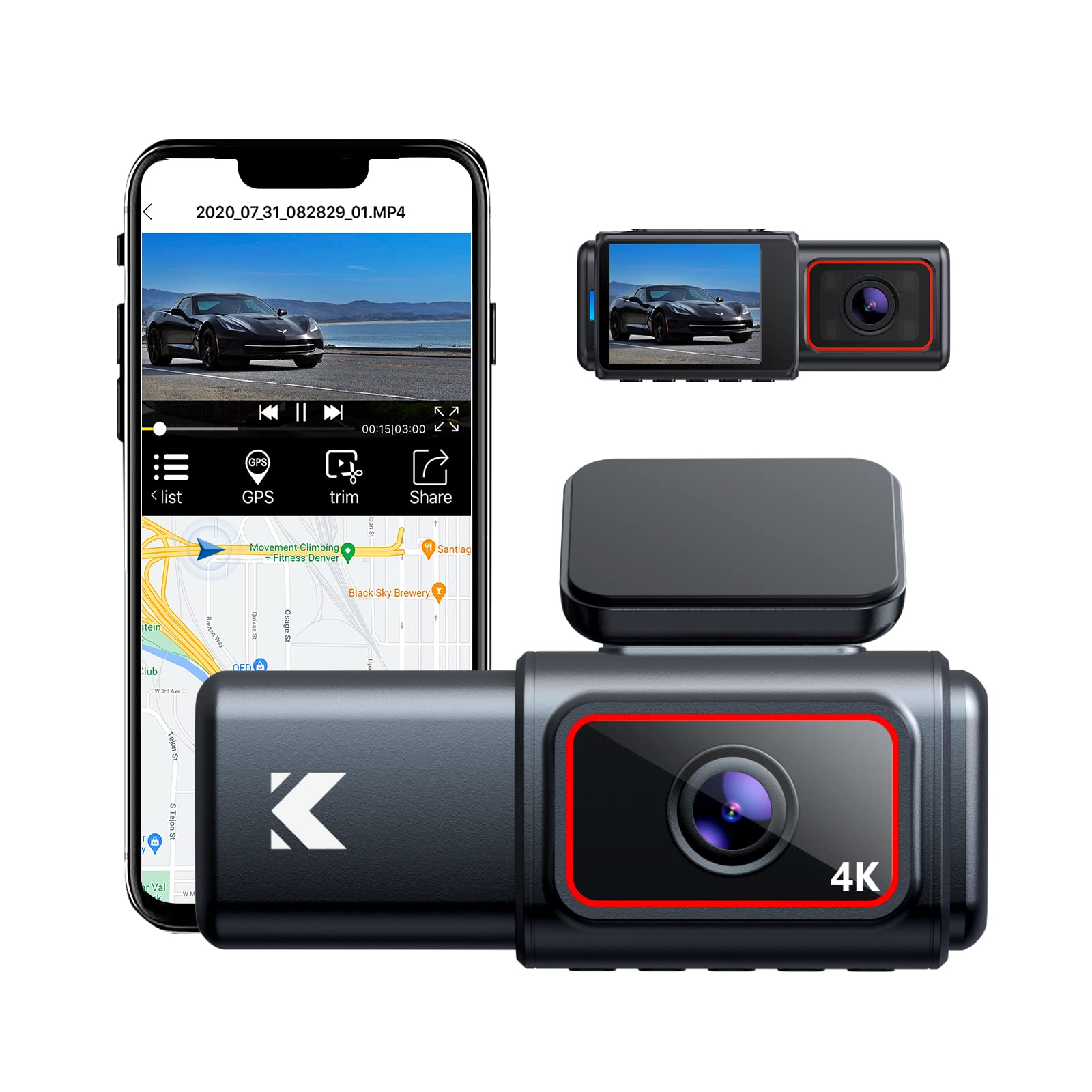  Kingslim D6-4K 双行车记录仪 - WiFi 和 GPS 4K 前置和 1080P 内置 Type-C 行车记录仪 Uber 车载摄像头，带超级夜视和 24 小时停车监视器，3 通道行车记录仪可选，黑色...