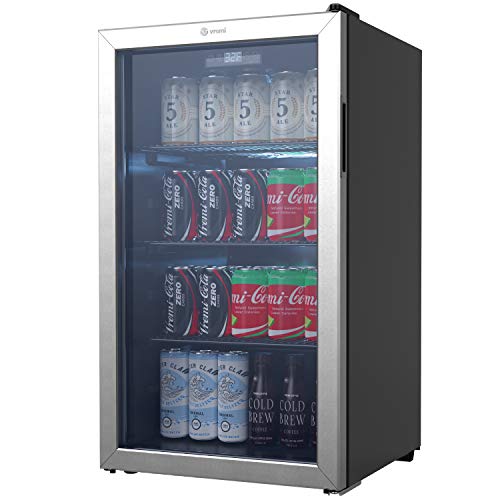  Vremi 饮料冰箱和冷却器 - 110 至 130 罐迷你冰箱，带玻璃门，适用于苏打啤酒或葡萄酒 - 适用于办公室或酒吧的小型饮料分配机，带可拆卸架子和可调节支脚...
