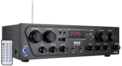 Pyle 无线卡拉 OK 蓝牙立体声接收器 - 4 通道功率放大器，带 USB、耳机、2 个麦克风输入，带回声、PA 通话功能，非常适合家庭扬声器系统 - PTA42BT