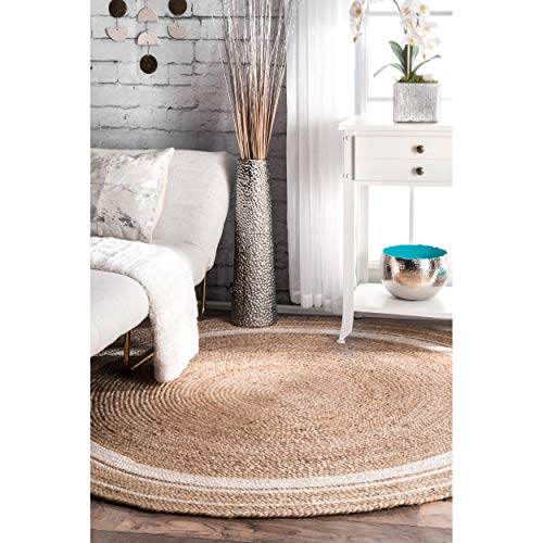 NuLoom Rikki 编织边框黄麻小地毯，8 英尺圆形，灰白色