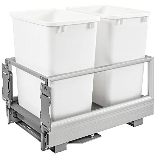 Rev-A-Shelf 5149-18DM-211 22 x 14 x 19.5 英寸双 35 夸脱拉出厨柜废物容器存储带垃圾桶、铁丝篮和 Rev-A-Motion，白色