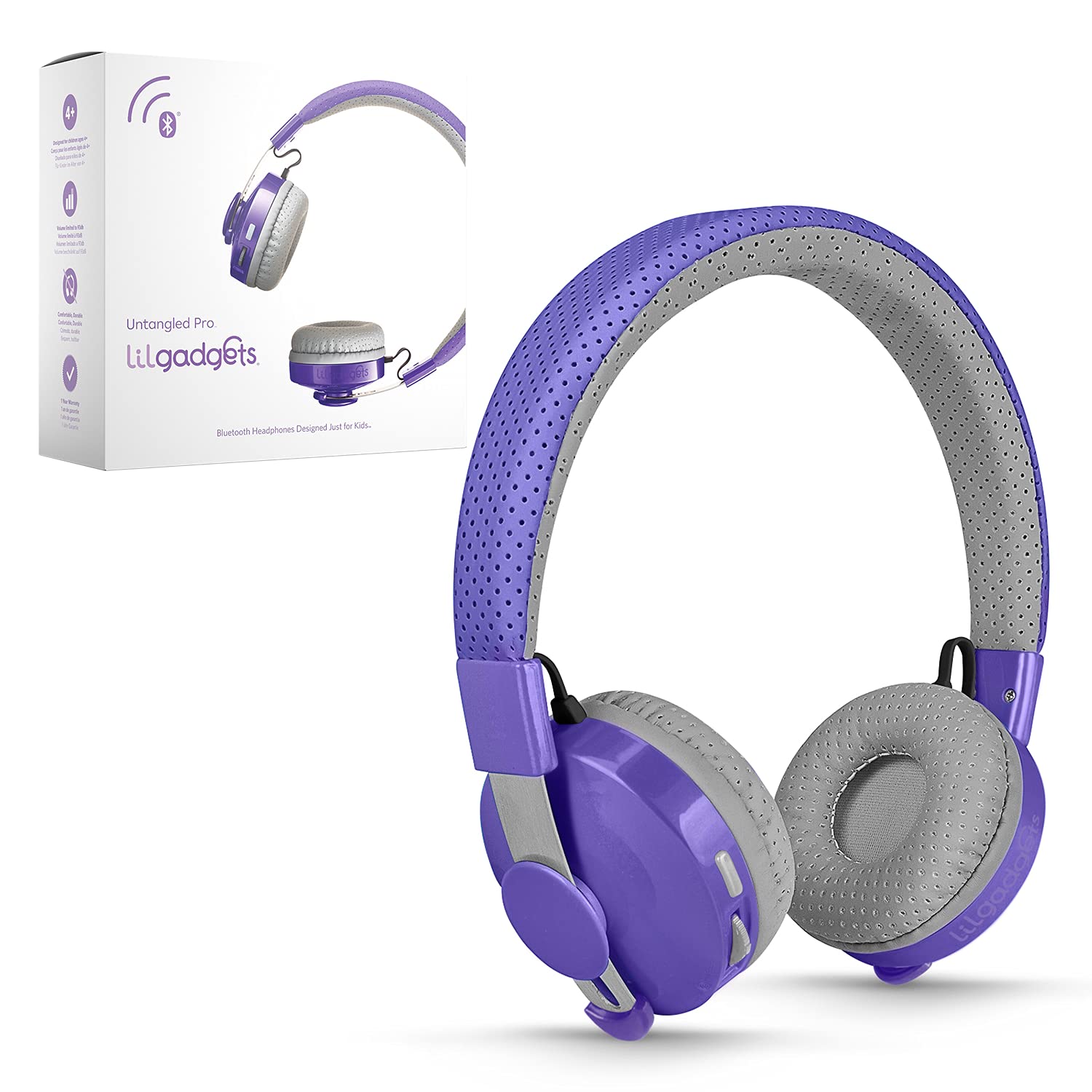 LilGadgets Untangled Pro 无线儿童耳机、适合学校儿童的贴耳式幼儿耳机、带麦克风的蓝牙耳机 - 紫色