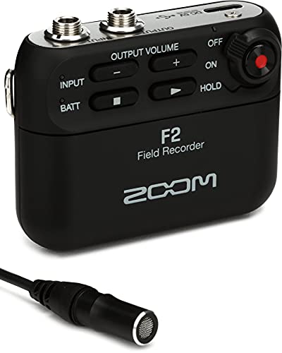 Zoom F2 领夹式紧凑型录音机，32 位浮点录音，无削波，视频音频，录制到 SD，电池供电，附带领夹式麦克...
