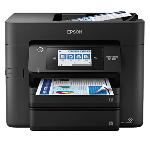  Epson Workforce Pro WF 4833 无线一体式彩色喷墨打印机 - 打印 扫描 复印 传真 - 25 ppm、4800x2400 dpi、4.3 英寸触摸屏、自动双面打印、50 页 ADF、500 页容量、以太网...