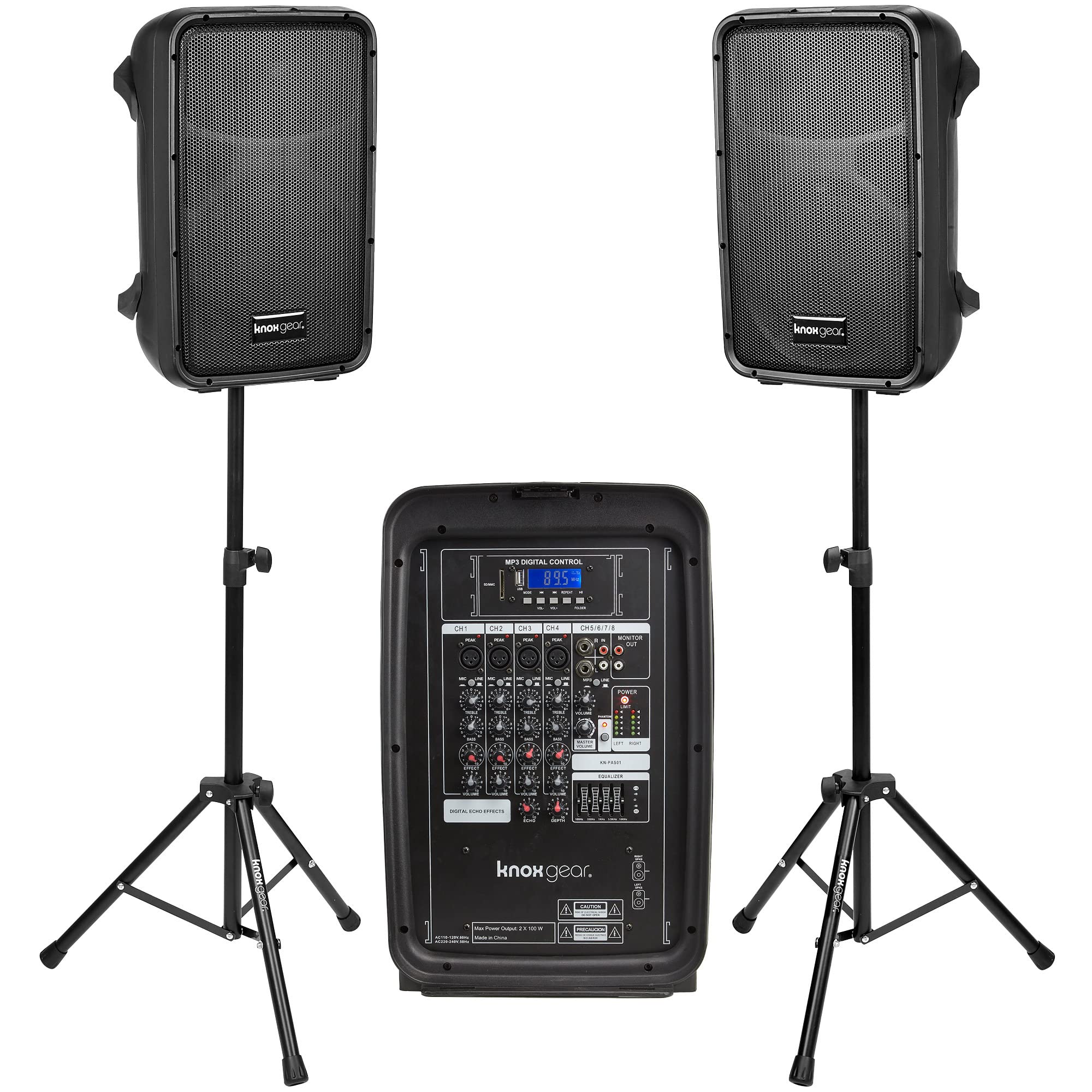  Knox Gear Knox 双扬声器和混音器套装便携式 8 300 瓦 DJ PA 系统，带有线麦克风和三脚架、8 通道放大器、蓝牙、USB、SD、1/4 线 RCA、XLR 输入，非常适合派对...