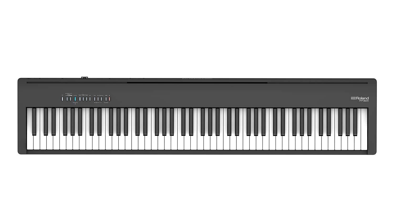 Roland  FP-30X 数码钢琴内置强大的扩音器和立体声扬声器。丰富的音色和正宗象牙色 88 键 PHA-4 键盘，带来无与伦比的原声感觉和声音。 (FP-30X-BK)，黑色