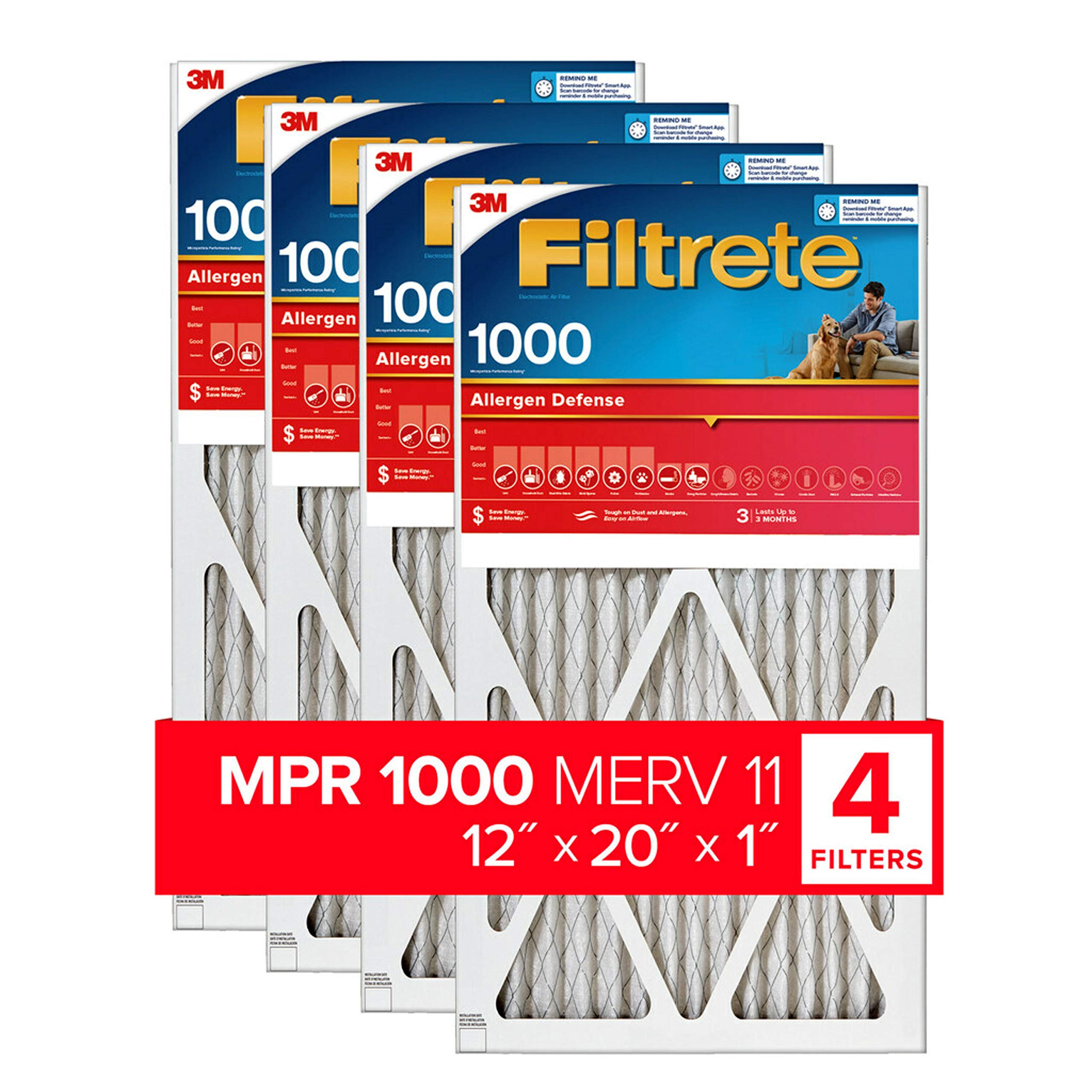 Filtrete 12x20x1 空气过滤器，MPR 1000，MERV 11，微过敏原防护 3 个月褶皱 1 英寸空气过滤器，4 个过滤器
