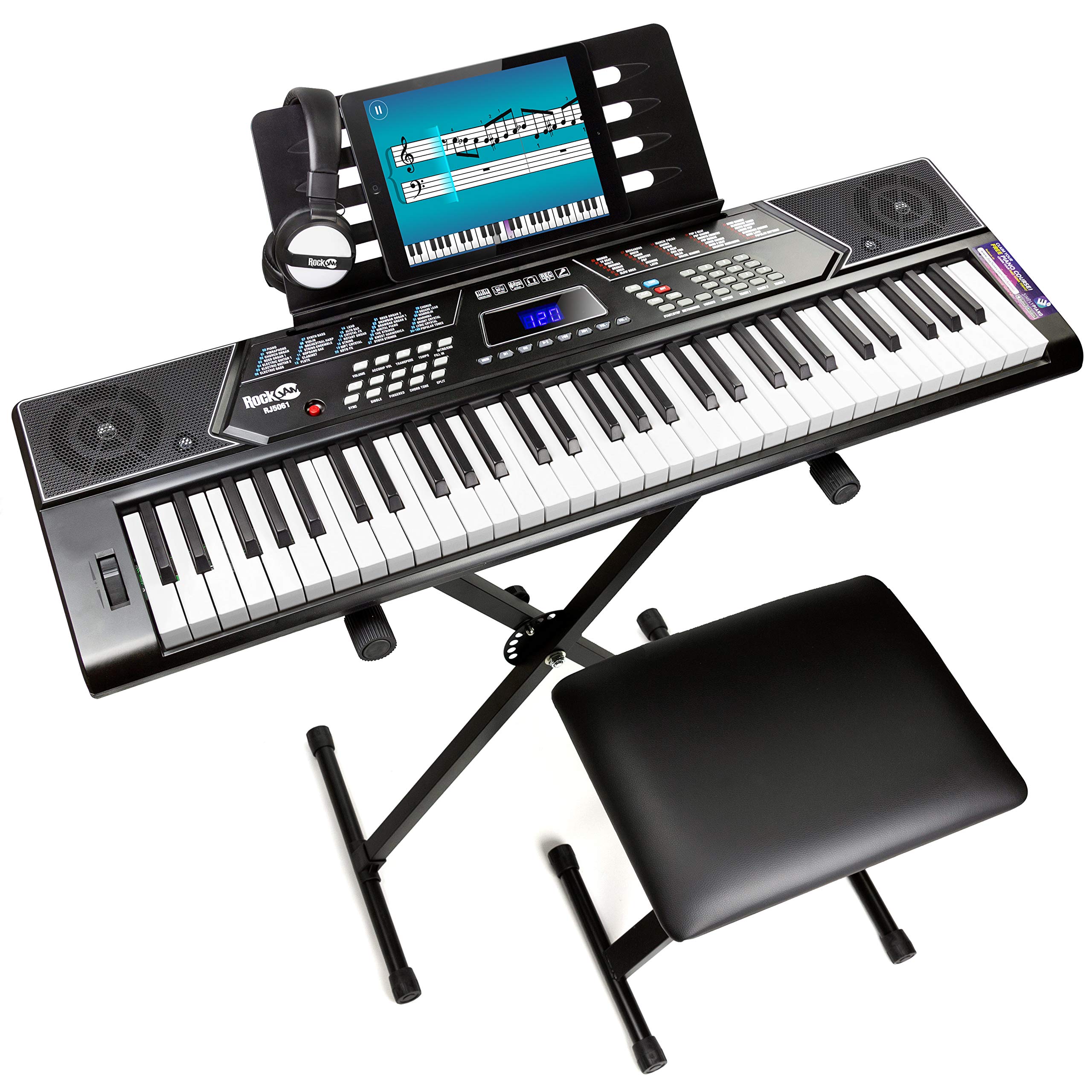 RockJam 61 键键盘钢琴，带弯音套件、键盘支架、钢琴凳、耳机、Simply Piano 应用程序和主题贴纸