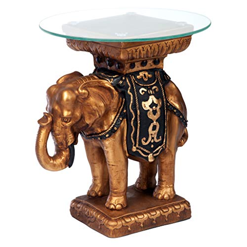 Design Toscano Maharajah Elephant 印度装饰玻璃顶边桌，22 英寸，树脂，黑色...