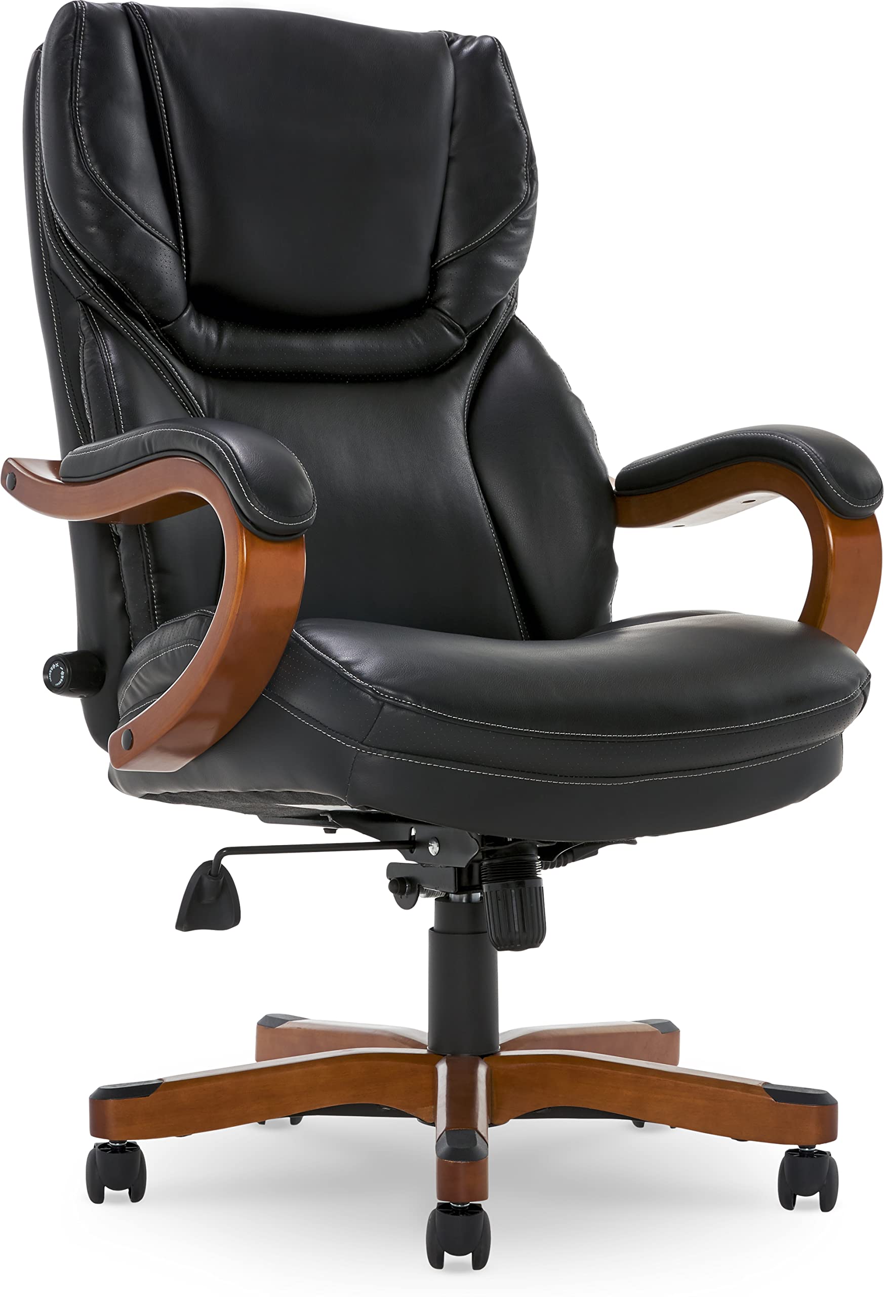 Serta 又大又高的行政办公椅，带木质装饰，可调节高靠背，符合人体工程学的腰部支撑，粘合皮革...