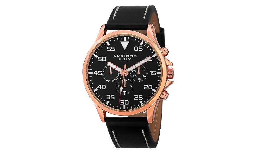 TWI Watches, LLC Akribos XXIV男士AK773RGB多功能瑞士石英机芯手表，黑色表盘和黑色，配奶油色皮革表带