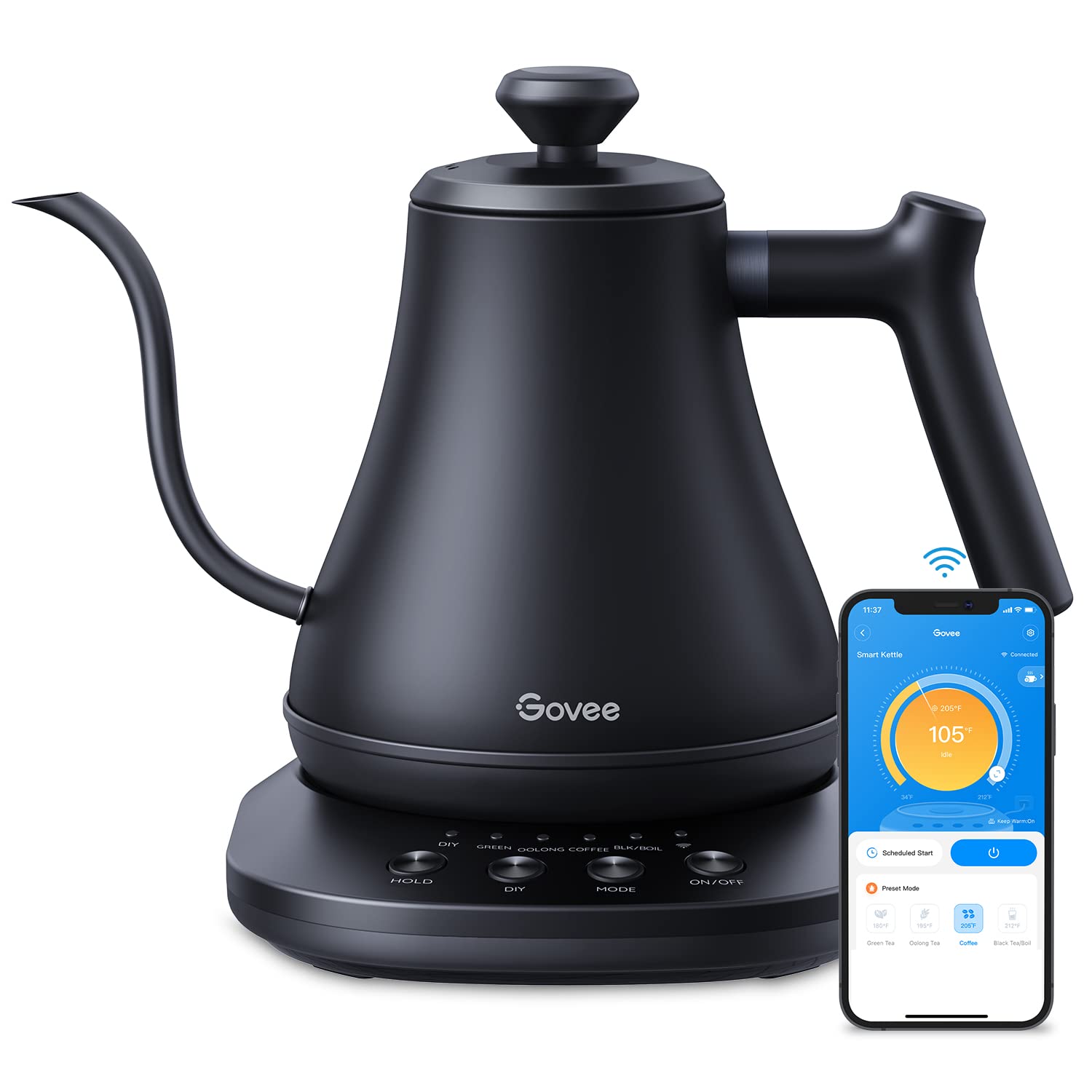 Govee 智能电热水壶，WiFi 变温鹅颈冲水壶和茶壶，Alexa 控制，1200W 快速加热，100% 不锈钢，0.8L，哑光黑色