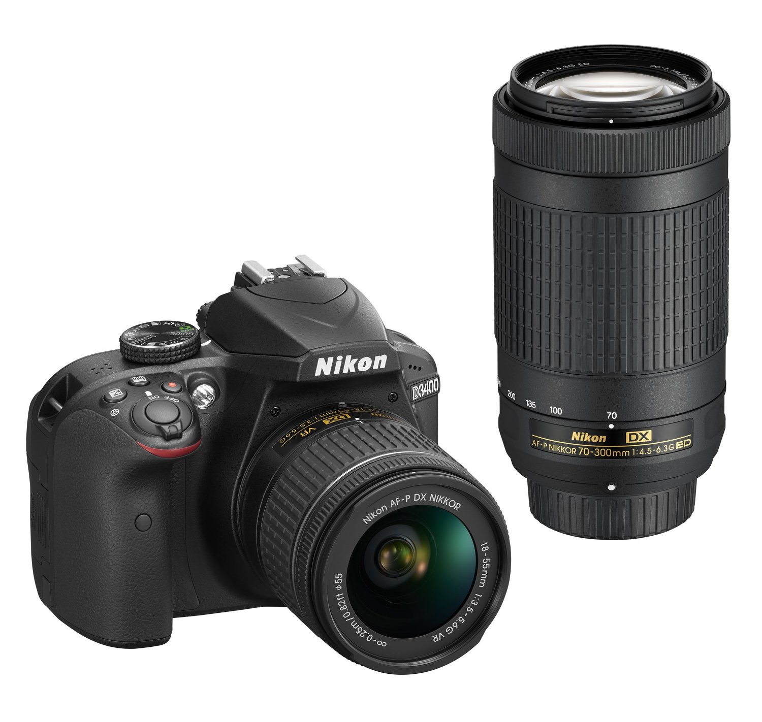 Nikon D3400单反相机，配备AF-P DX尼克尔18-55mm f / 3.5-5.6G VR和AF-P DX尼克尔70-300mm f / 4.5-6.3G ED