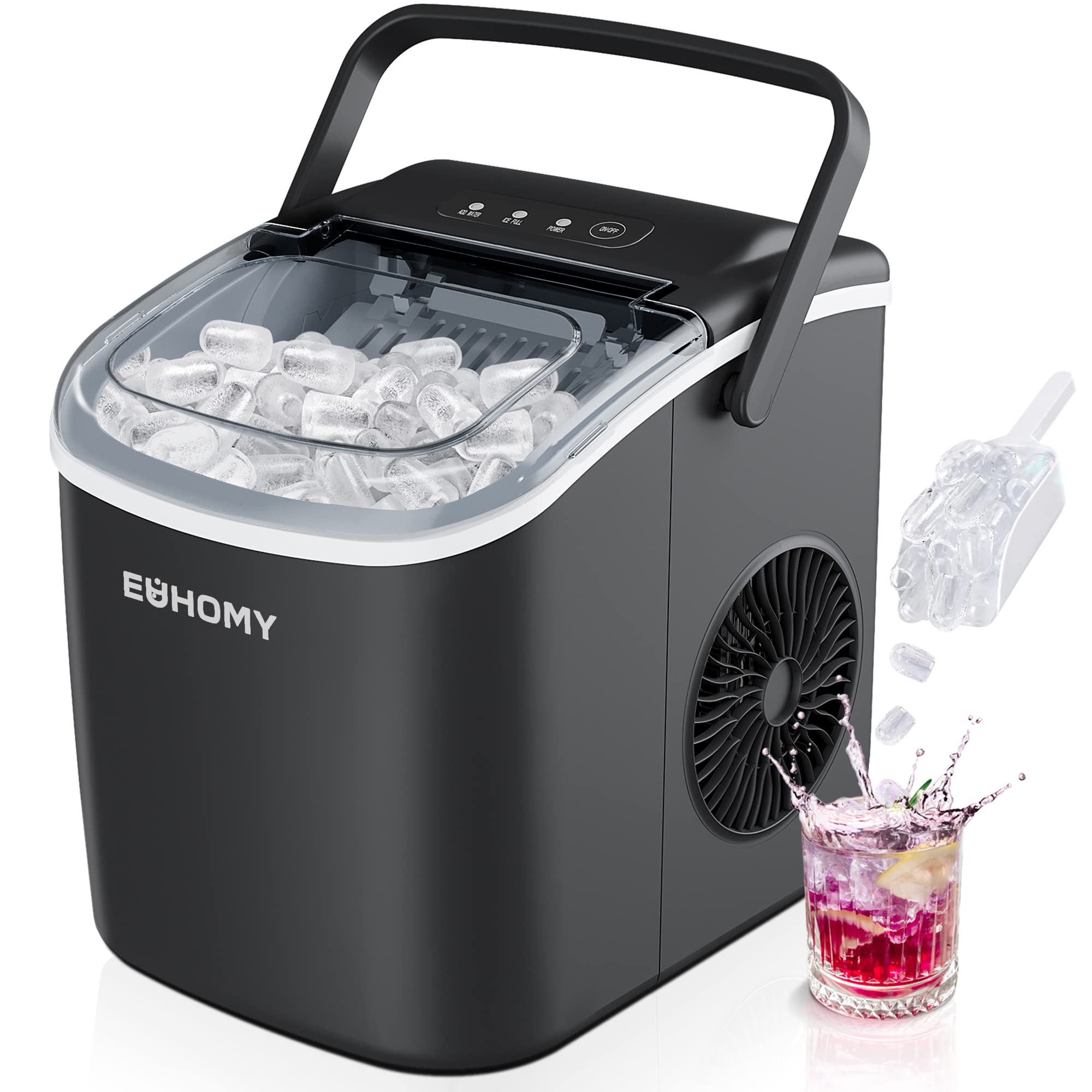 E EUHOMY Euhomy 台面制冰机带手柄，26 磅/24 小时便携式制冰机。