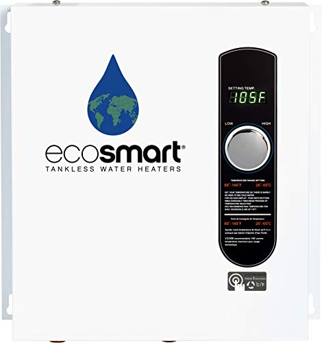 Ecosmart ECO 27 即热式电热水器，27 千瓦，240 伏，112.5 安培，采用专利自调节技术，白色