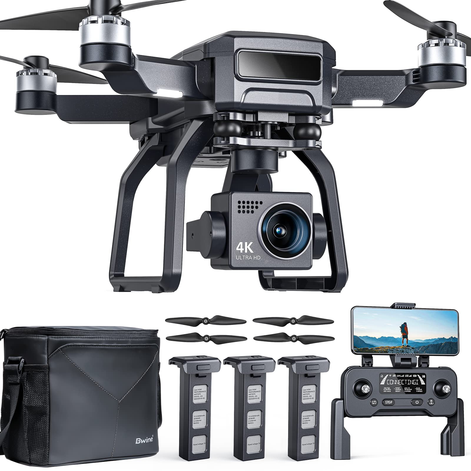  Bwine F7 GPS 摄像头专业无人机，已通过 FAA 认证，适合成人 4K 夜视，3 轴云台，2 英里长距离，75 分钟飞行时间，含 3 块电池，自动返航+跟随我+环绕飞行...