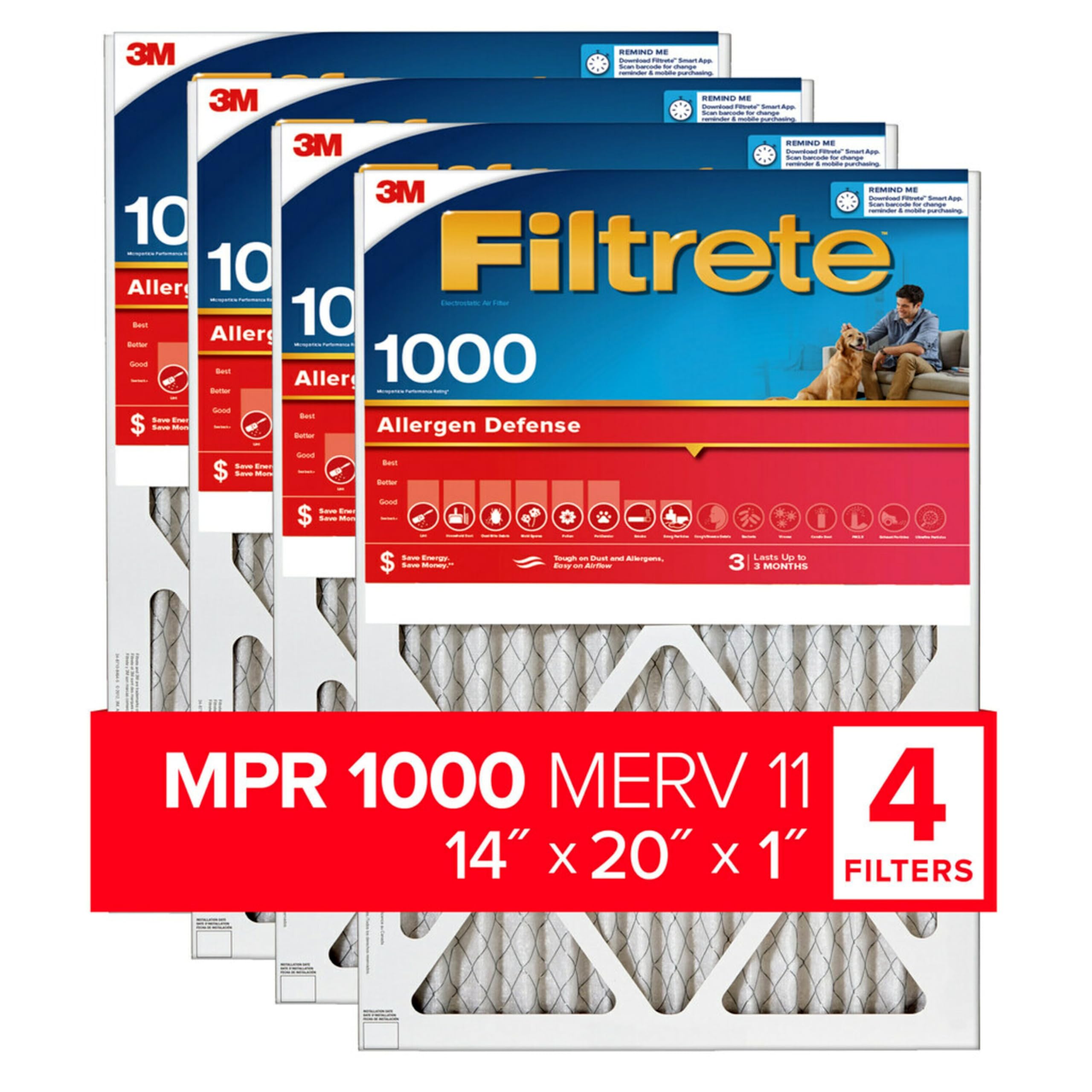 Filtrete 14x20x1 空气过滤器，MPR 1000，MERV 11，微过敏原防御 3 个月褶皱 1 英寸空气过滤器，4 个过滤器