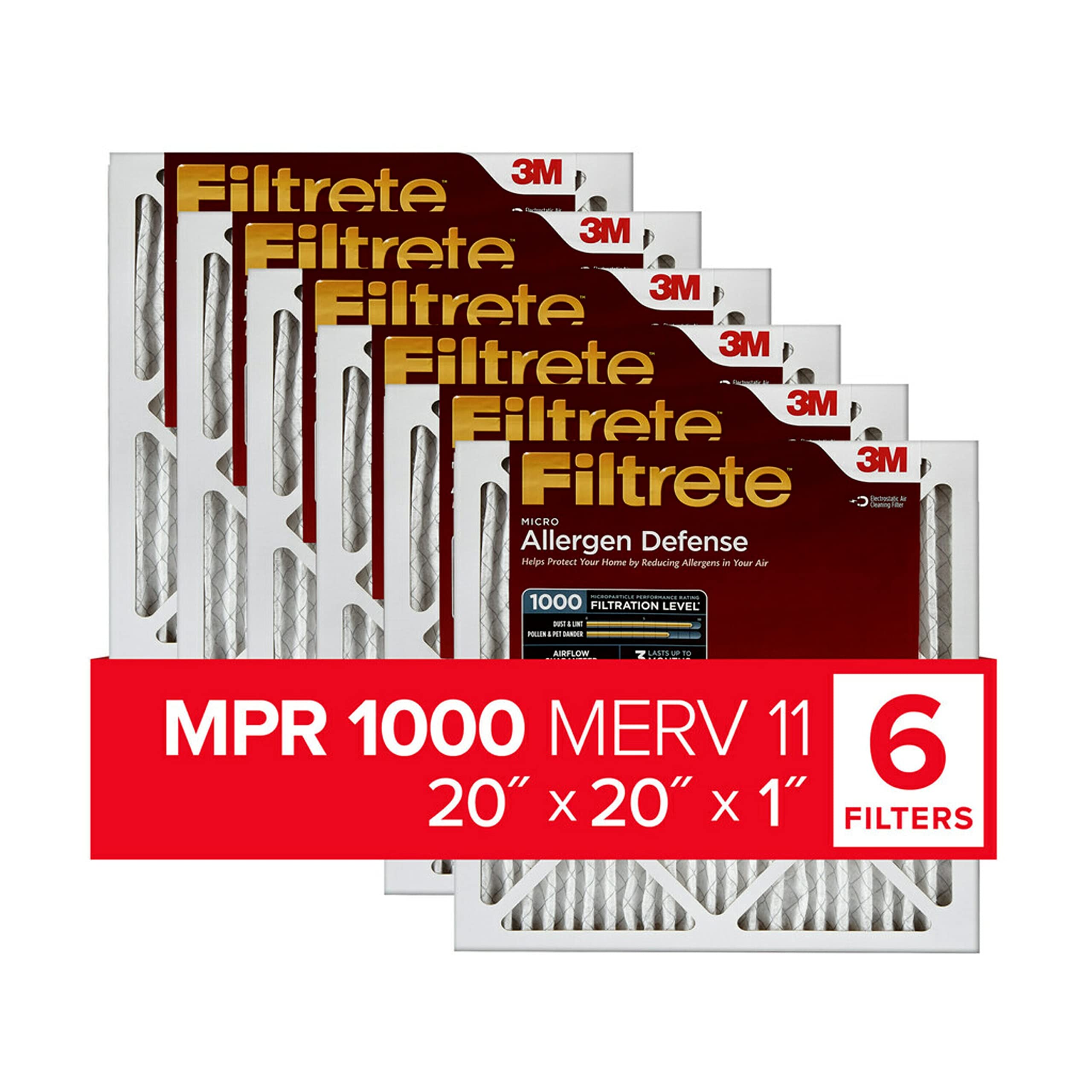 Filtrete 20x20x1 空气过滤器 MPR 1000 MERV 11，过敏原防护，6 件装（精确尺寸 19.69x19.69x0.81）