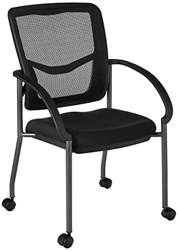 Office Star 透气 ProGrid 靠背和软垫煤炭 FreeFlex 座椅，轮廓扶手，钛金属饰面可堆叠访客椅，带脚轮，黑色