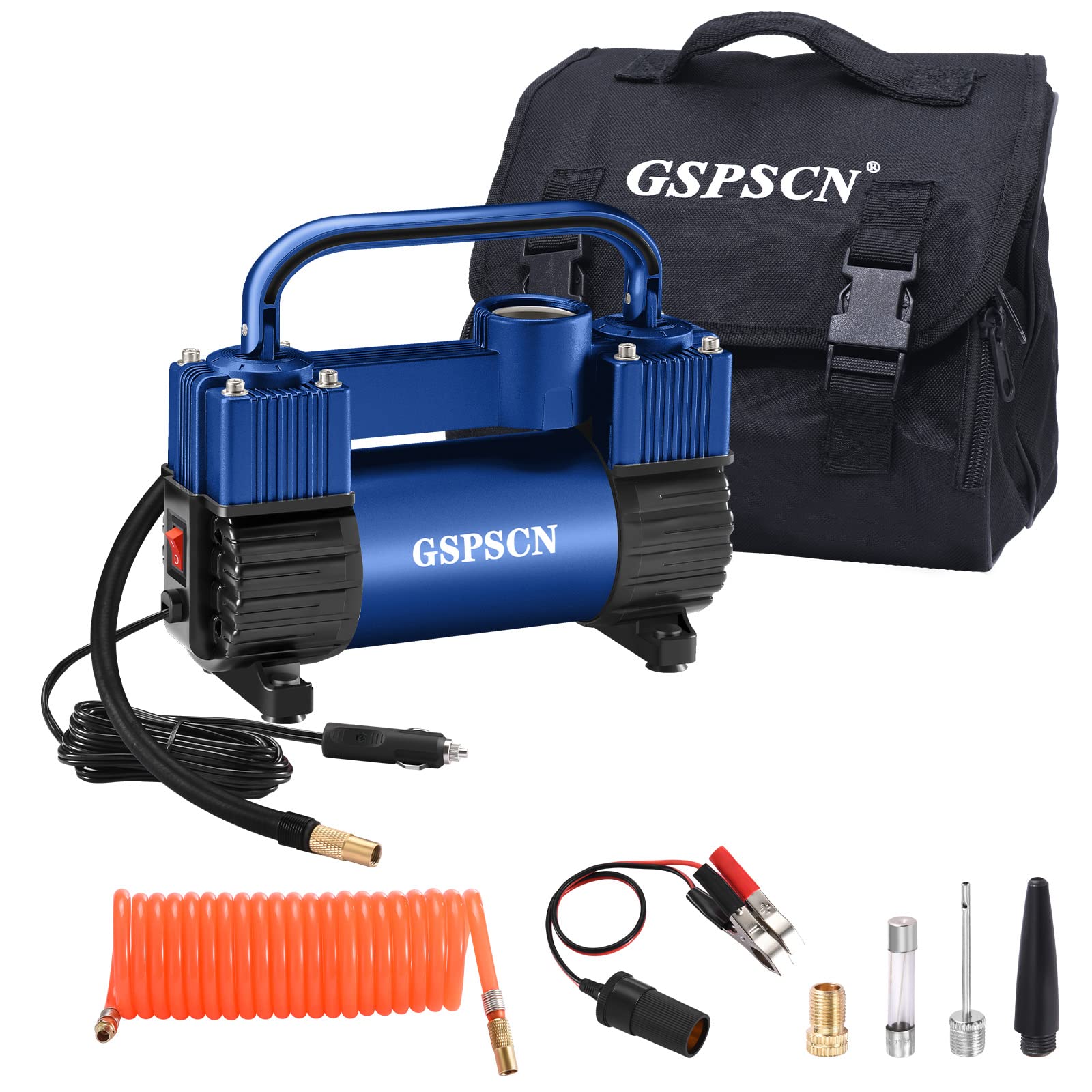 GSPSCN 轮胎充气机重型双缸、便携式金属直流 12V 空气压缩机、150PSI 轮胎泵带适配器适用于汽车、卡车、SUV 轮胎、小艇、气床等